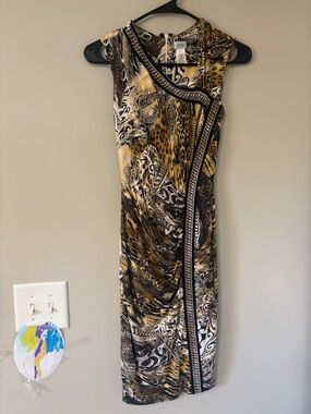 Vintage Cache Y2K XS Bodycon Faux Wrap Mini Dress Black Gold Leopard Snakeskin